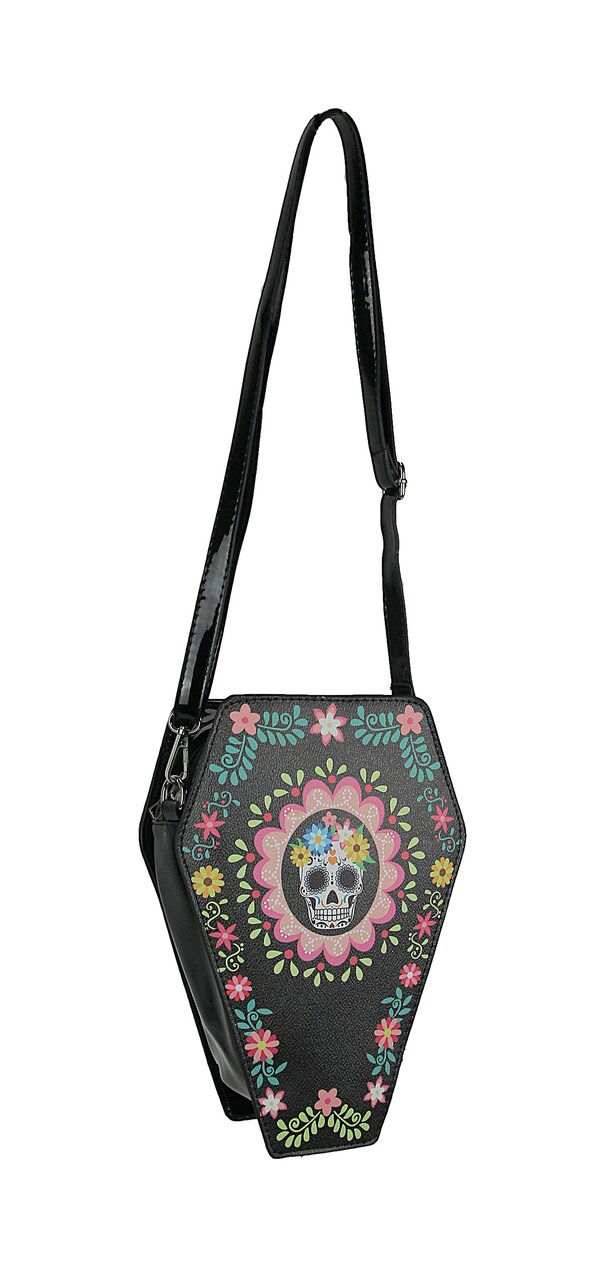 Day of the Dead Sugar Skull Coffin Shaped Convertible Mini Backpack / Crossbody